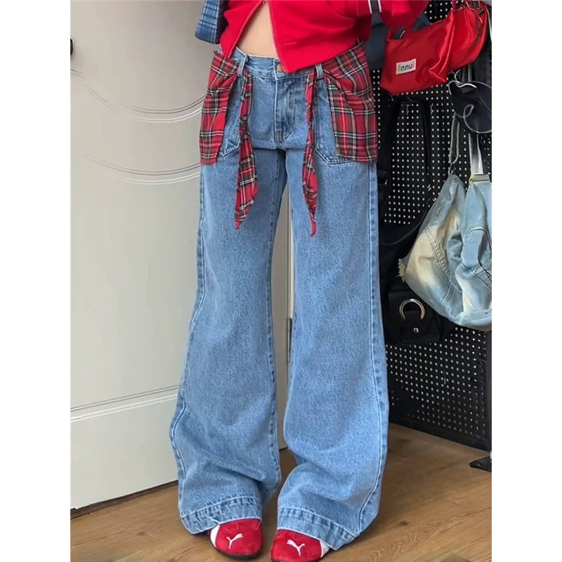 Taivimart - Y2k Blue Jeans for High Waist American Street Wide Leg Pants Hip Hop Straight Autumn Trousers
