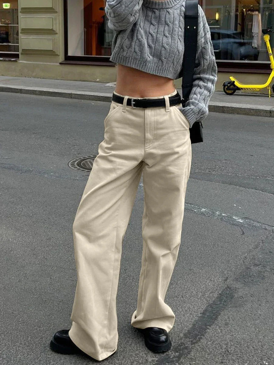 Khaki Classic Wide Leg Pant High Waist Pocket Loose Simple Trouser Autumn Winter Pants New