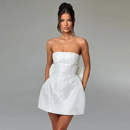Bow Backless Jacquard a Line Mini Dress