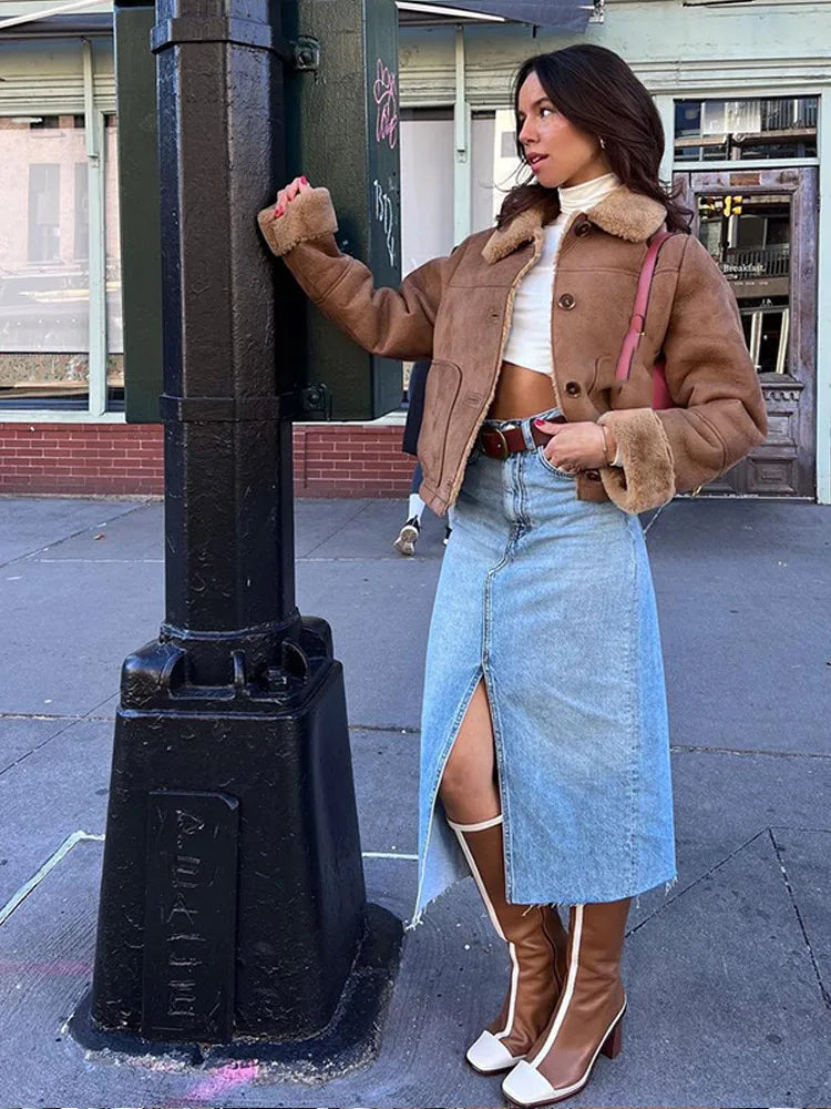 Color Thicken Lapel Short Jacket Winter New Woman Single Breasted With Pockets Coat High Street Outerwear