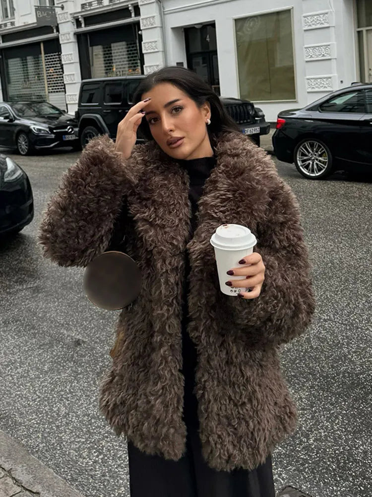 Winter Warm Fluffy Faux Fur Coat New Lapel Long Sleeve Thick Furry Jacket Lady Thermal Outerwear