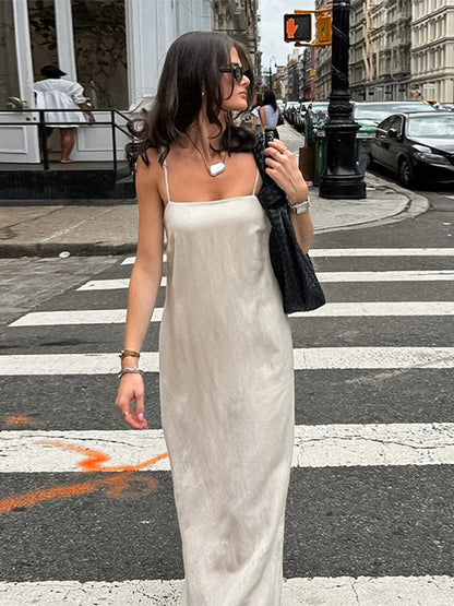 Slip Dress Summer Cotton Lined Loose Dresses Sleeveless Thin Straps White Long Dresses Backless Beach Holiday Dresses