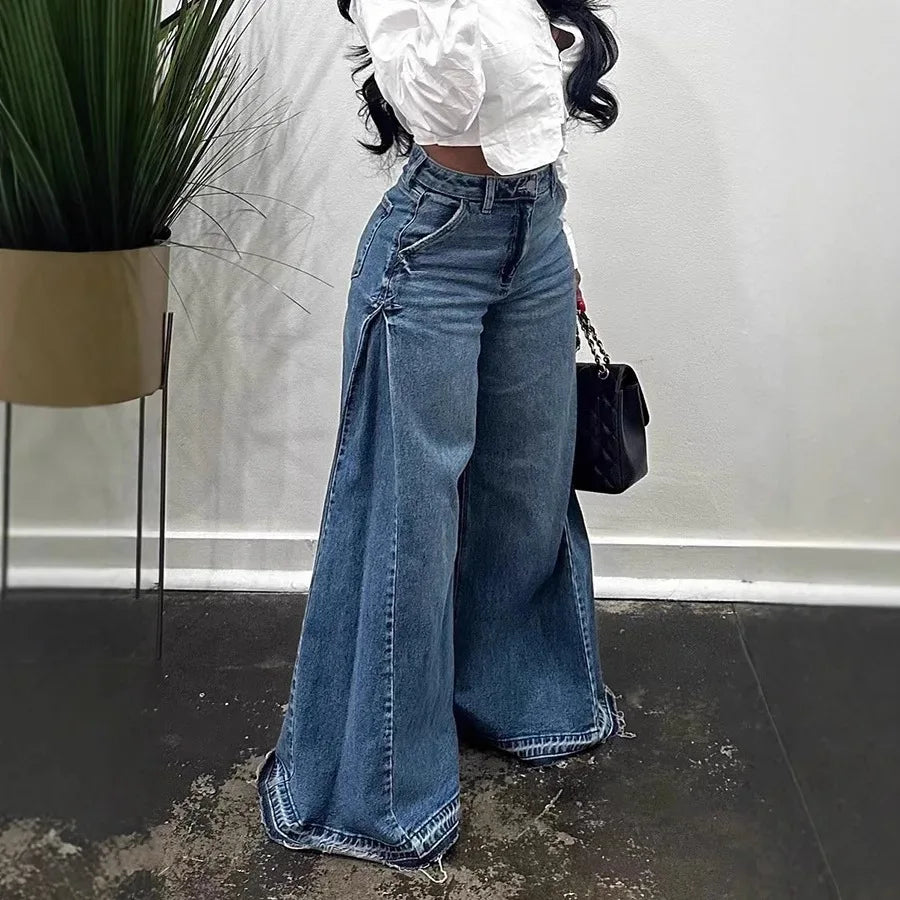Blue Washed Flared Jeans Harajuku Y2k Oversized Wide Leg Spliced Tassel Denim Pants Baggy American Retro Trousers