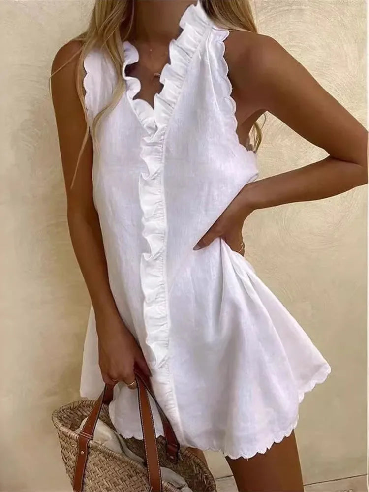 Cotton Linen Ruffle Sleeveless Mini Dress