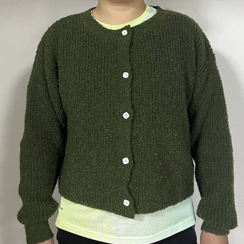 Color Simple Knitted Cardigan Loose Round Neck Single Breasted Sweater Retro Tops Short Sweaters