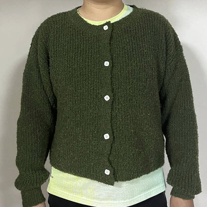 Color Simple Knitted Cardigan Loose Round Neck Single Breasted Sweater Retro Tops Short Sweaters