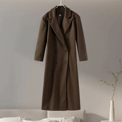 Brown Wool Long Coats for Loose Turn Down Collar Double Breasted Female Overcoat Autumn Winter Street Lady Outwear