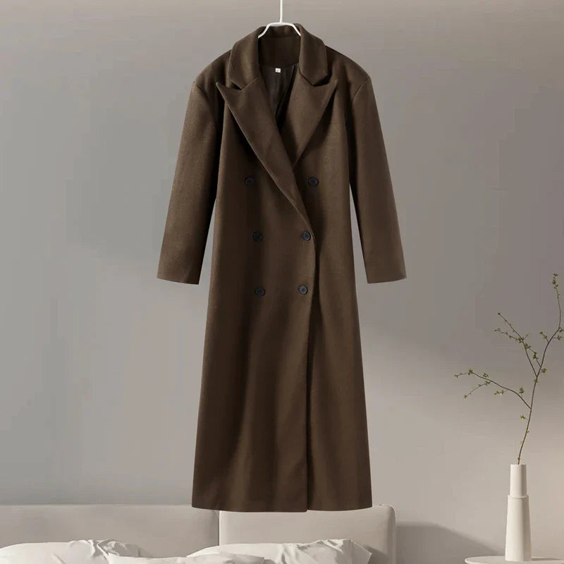 Brown Wool Long Coats for Loose Turn Down Collar Double Breasted Female Overcoat Autumn Winter Street Lady Outwear
