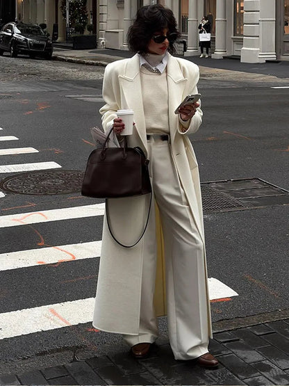 Oversize Lapel Extra Long Woolen Overcoat Double Breasted Cropped Overgarment Lady Commute