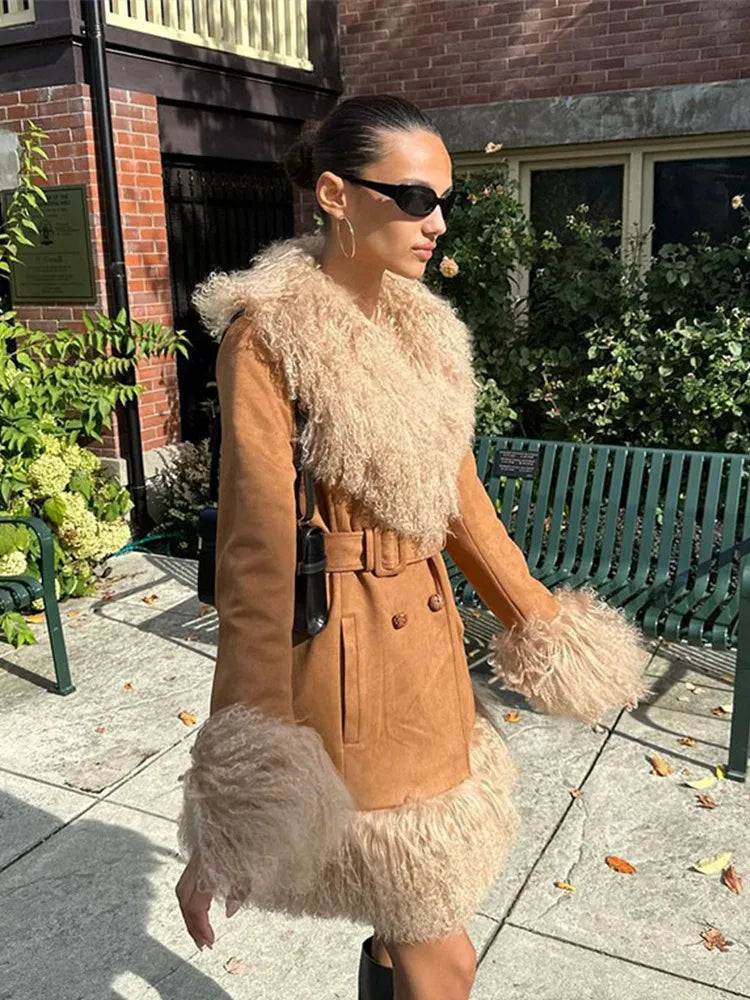 Suede and Fur Coat Plush Double Breasted Turn-down Collar Belts Thick Outerwear Warm Feather Overcoat