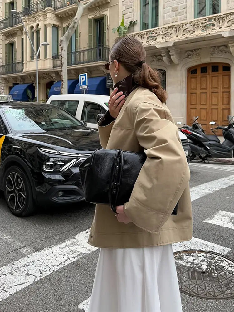 Leather Collar Cargo Jacket Button Down Plaid Pattern Patchwork Jackets Contrast Color Trench Coat Loose Outwear