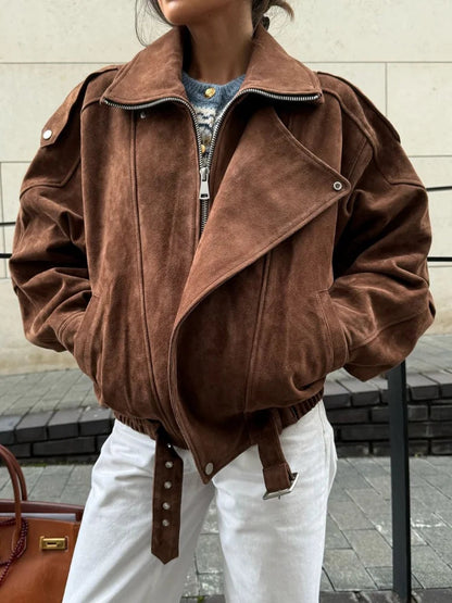 Brown Maillard Lapel Suede Leather Jackets for Long Sleeve Zipper Pockets Coats Lady High