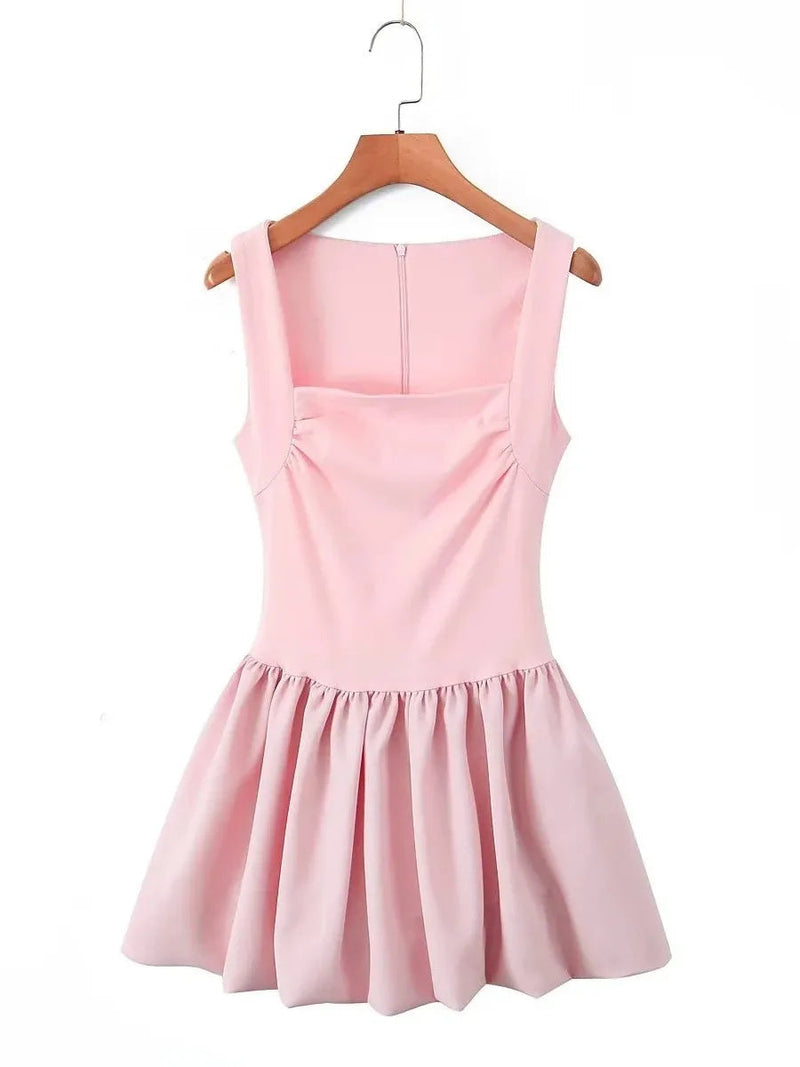 Spring New Pink Sweet Mini Dress Square Collar Sleeveless Short A-line Vestidos Female Dresses