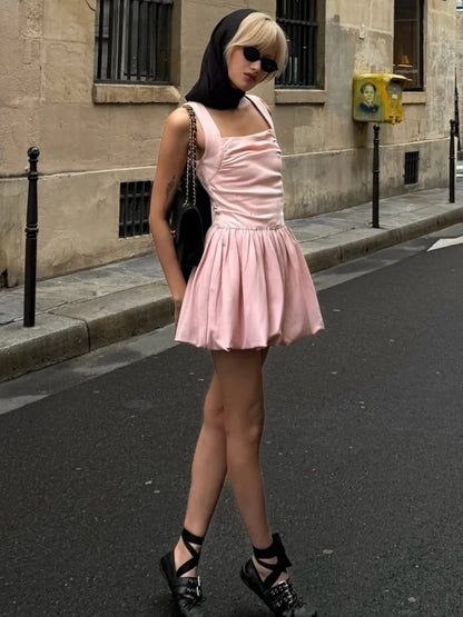 Spring New Pink Sweet Mini Dress Square Collar Sleeveless Short A-line Vestidos Female Dresses