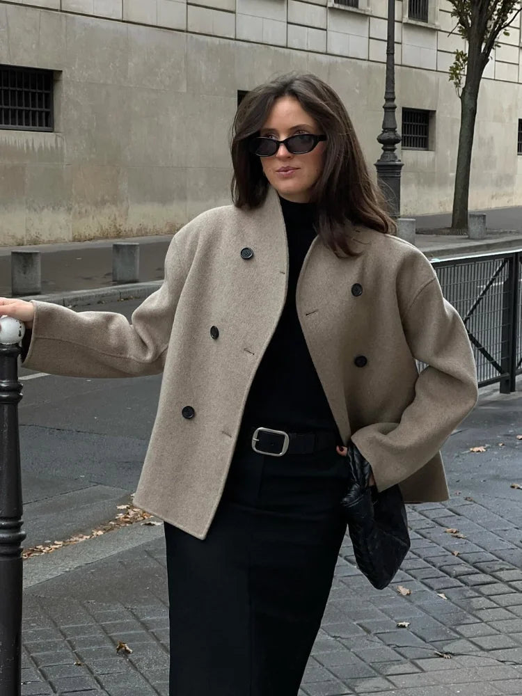 Wool Coats Loose Double Breasted Stand Collar Short Jacket Fall Winter Coat Female Commute Outerwear