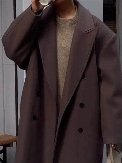 Brown Wool Long Coats for Loose Turn Down Collar Double Breasted Female Overcoat Autumn Winter Street Lady Outwear