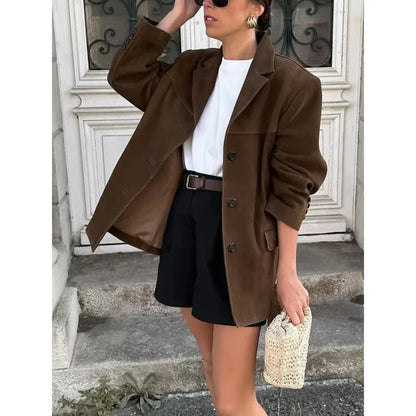 Lapel Pocket Suede Leather Jacket Loose Single Button Oversize Brown Coats Female Street Clothes