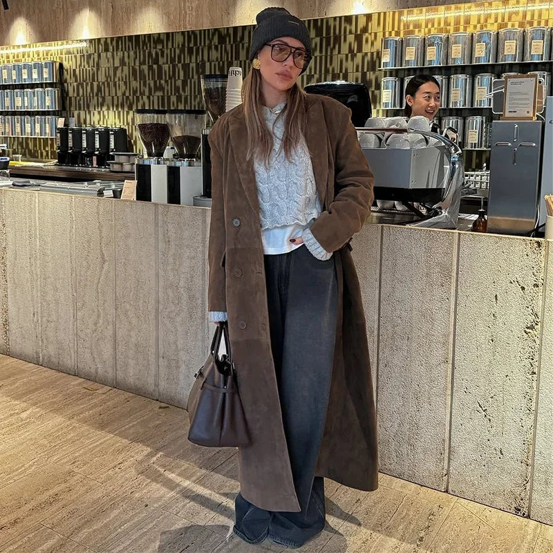 Long Long Sleeve Turn-down Collar Double Breasted Female Coat Autumn Lady Jacket New
