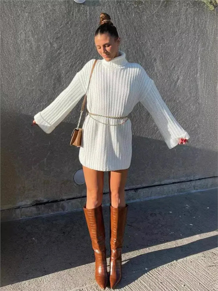 Autumn Winter Blue Sweater Dress High Collar Knit Short Dress Loose Straight Flare Sleeve Dress