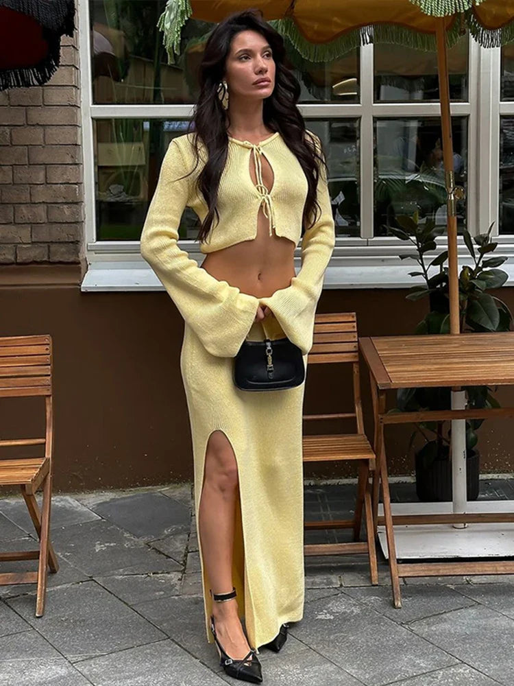 Knitted Lace Up 2pcs Set With Skirt Long Sleeve Waist Exposed Cardigan Slit Long Skirts Autumn New Matching Sets