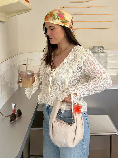 Spring V-neck Lace Laminated Blouse
