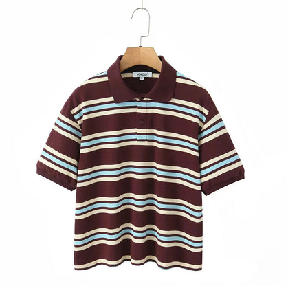 Striped Contrast Short Sleeve T-shirt Buttons Turndown Collar Tee Shirt Spring New Top Tees