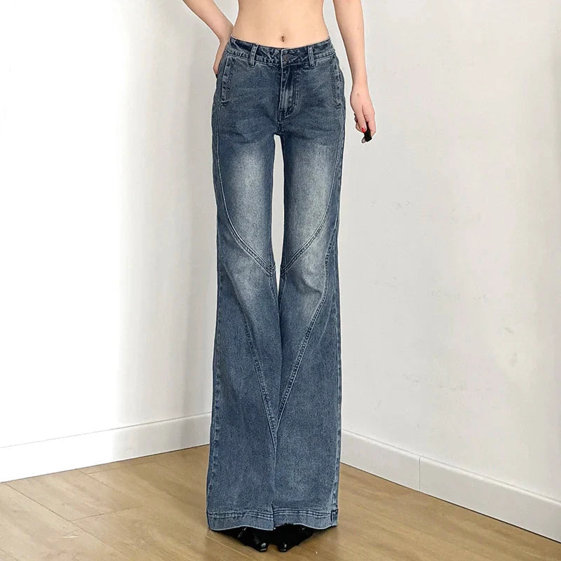 Y2k Low Waisted Washed Flare Jeans Korean Blue Slim Fit Denim Pants Lady Boot Cut Trousers