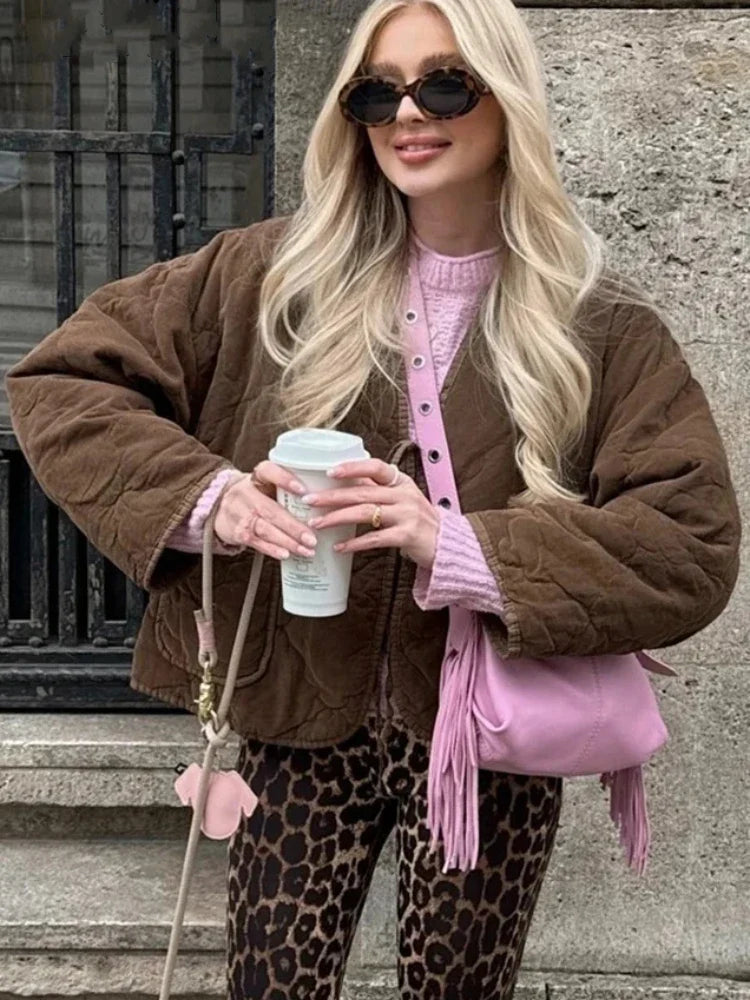 Brown Quilted Padded Suede Coat Long Sleeve Lace Up Cropped Jacket Autumn Winter Lightweight New in Outerwears