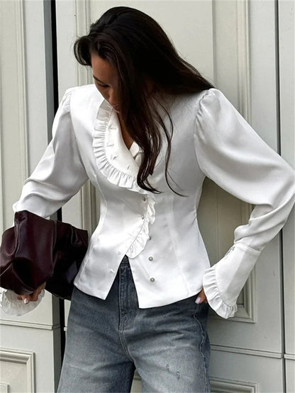 Taivimart - White Ruffled Shirts for Patchwork V-neck Long Sleeve Autumn Female Cardigan Blouses
