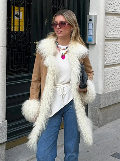 Furry Faux Fur Patchwork Coats Winter Long Sleeve Lapel Female Loose Jacket Pockets Thick Warm Lady Outwear
