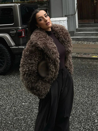 Winter Warm Fluffy Faux Fur Coat New Lapel Long Sleeve Thick Furry Jacket Lady Thermal Outerwear