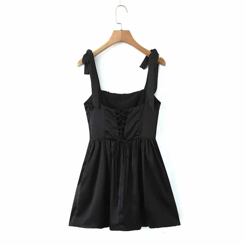 Pleated Design Tie-up Sleeveless Summer Dresses Color Slim Fit Mini Dress Simple Party Dress