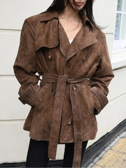 Autumn Lace Up Lapel Collar Suede Jacket Retro Double Breasted Long Sleeve Coat Lady Windbreaker
