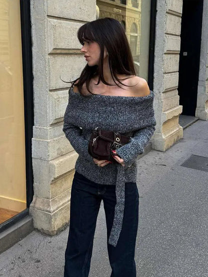 Off Shoulder Sweater With Belt Knitted Thick Long Sleeve Sweaters Female Winter Street Knitwear