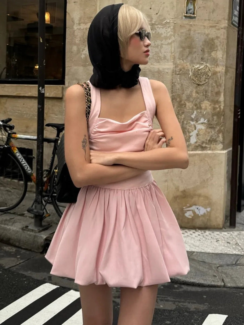 Spring New Pink Sweet Mini Dress Square Collar Sleeveless Short A-line Vestidos Female Dresses