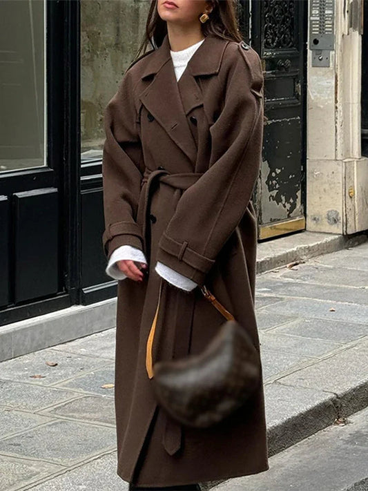 Lapel Long Coats With Belt Lace Up Double Breasted Full Sleeve Overcoat Autumn Winter New Lady