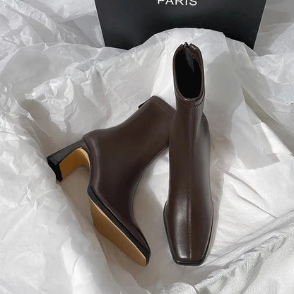 Autumn Winter Leather Square Toe Square Heel Short Ankle Boot