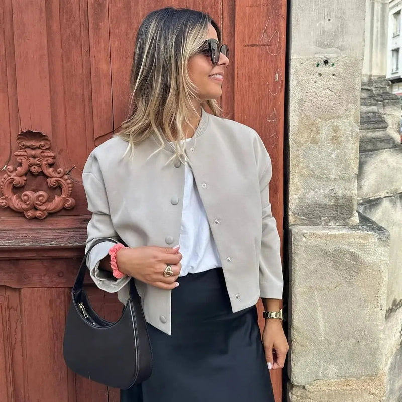 Woman Bomber Jacket White Autumn Winter Cropped Jackets for Long Sleeve With Buttons Lady Outwear