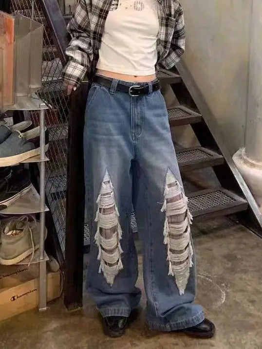 Jeans With Contrasting Plaid Holes and Splicing High-waisted Summer American High Street Loose Slimming Wide-leg Pants