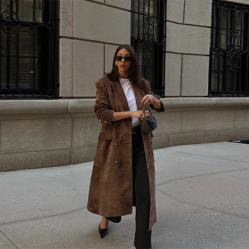 Long Long Sleeve Turn-down Collar Double Breasted Female Coat Autumn Lady Jacket New