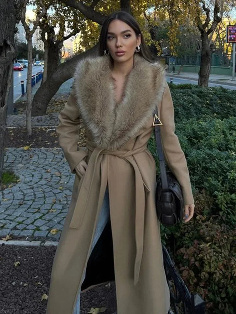 Faux Fur Patchwork Collar Woolen Belts Coat Button Up Pocket Thicken Warm Outwear Female Winter Jacket
