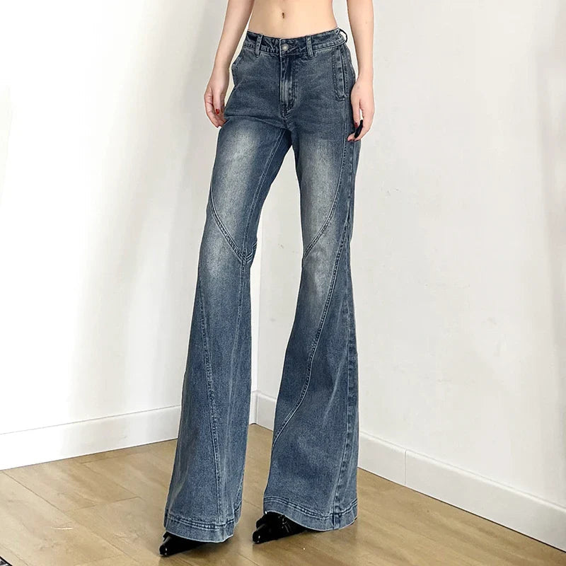 Y2k Low Waisted Washed Flare Jeans Korean Blue Slim Fit Denim Pants Lady Boot Cut Trousers