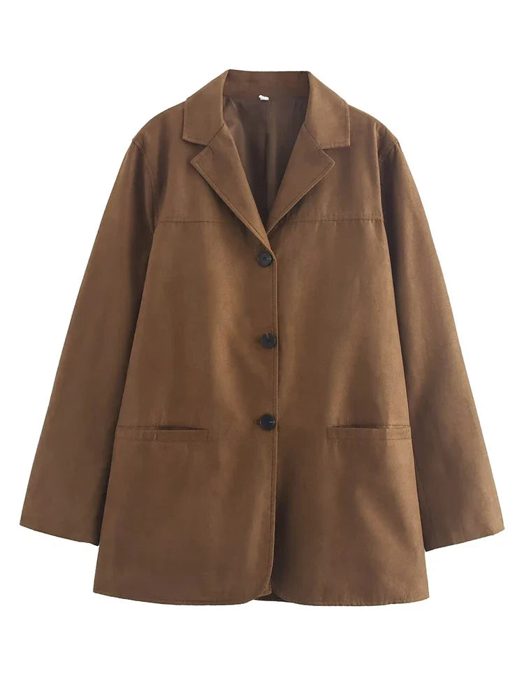 Turn Down Collar Brown Autumn Jacket for Single Breasted Long Coat Jacket Female Winter Jacket Back Slit