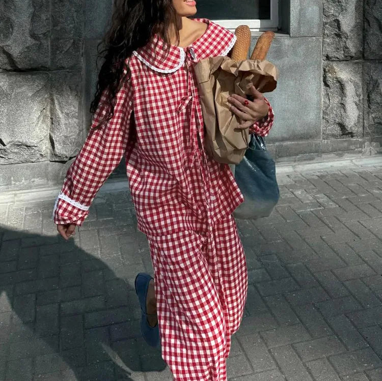 Red Plaid Wide Leg Pants Sets Long Sleeve Lace-up Blouse+elastic Waist Trouser Lace Trim 2 Piece Set New