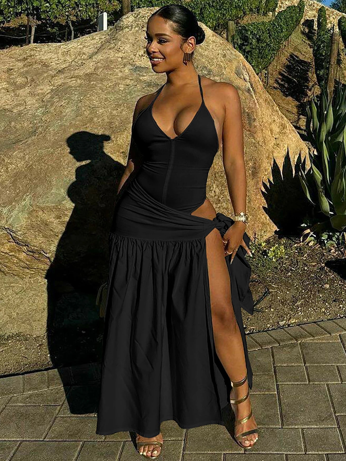 Slit Backless Bandage Maxi Dress Set