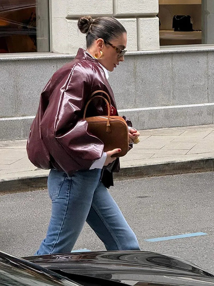 Lady Retro Color Stand Up Collar Pilot Jacket New Long Sleeved Zipper Jackets High Street Commuter Coat