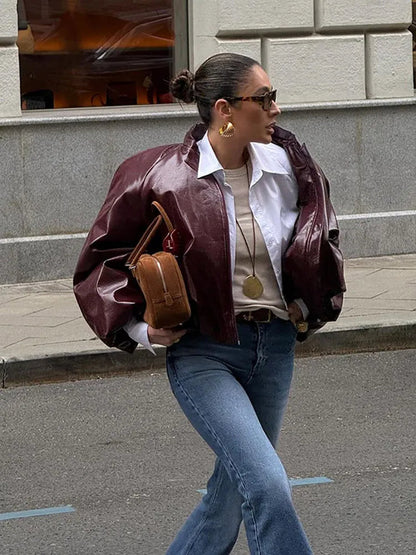 Lady Retro Color Stand Up Collar Pilot Jacket New Long Sleeved Zipper Jackets High Street Commuter Coat