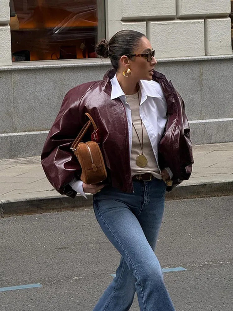 Lady Retro Color Stand Up Collar Pilot Jacket New Long Sleeved Zipper Jackets High Street Commuter Coat