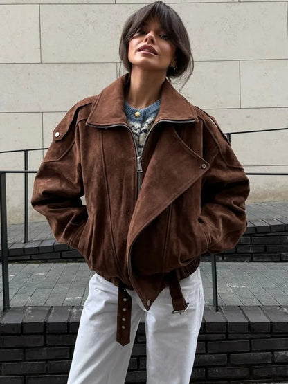 Brown Maillard Lapel Suede Leather Jackets for Long Sleeve Zipper Pockets Coats Lady High