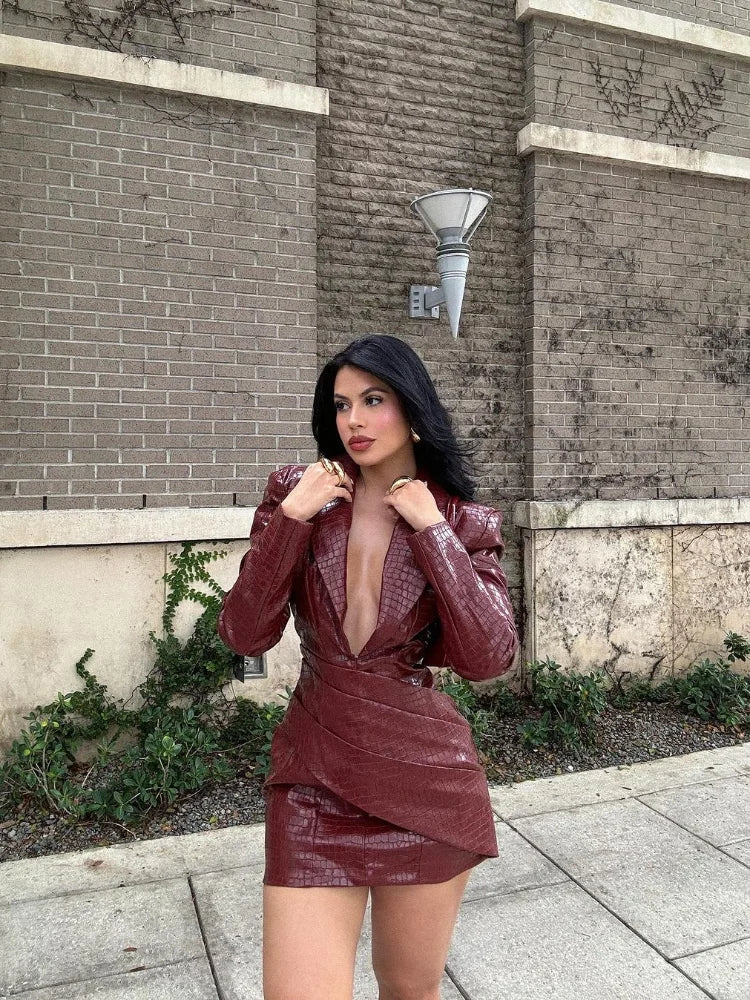 Deep V Red Lattice Leather Mini Dress Long Sleeve High Waist Fold Slim Dresses Lady New Highstreet Short Robe